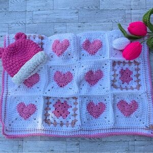 Pink and White Crochet Baby Blanket and Hat Set